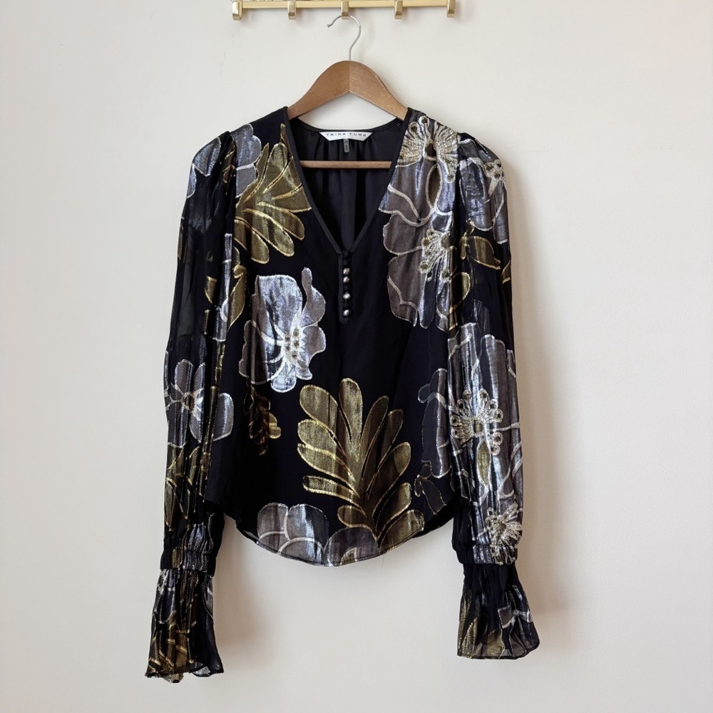 Trina Turk Metallic Silk Blend Floral Blouse XS